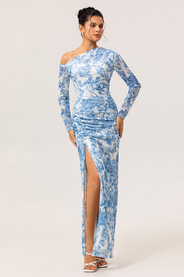 Blue & White Floral One-Shoulder Long Sleeves Drawstring Maxi Dress with High Slit